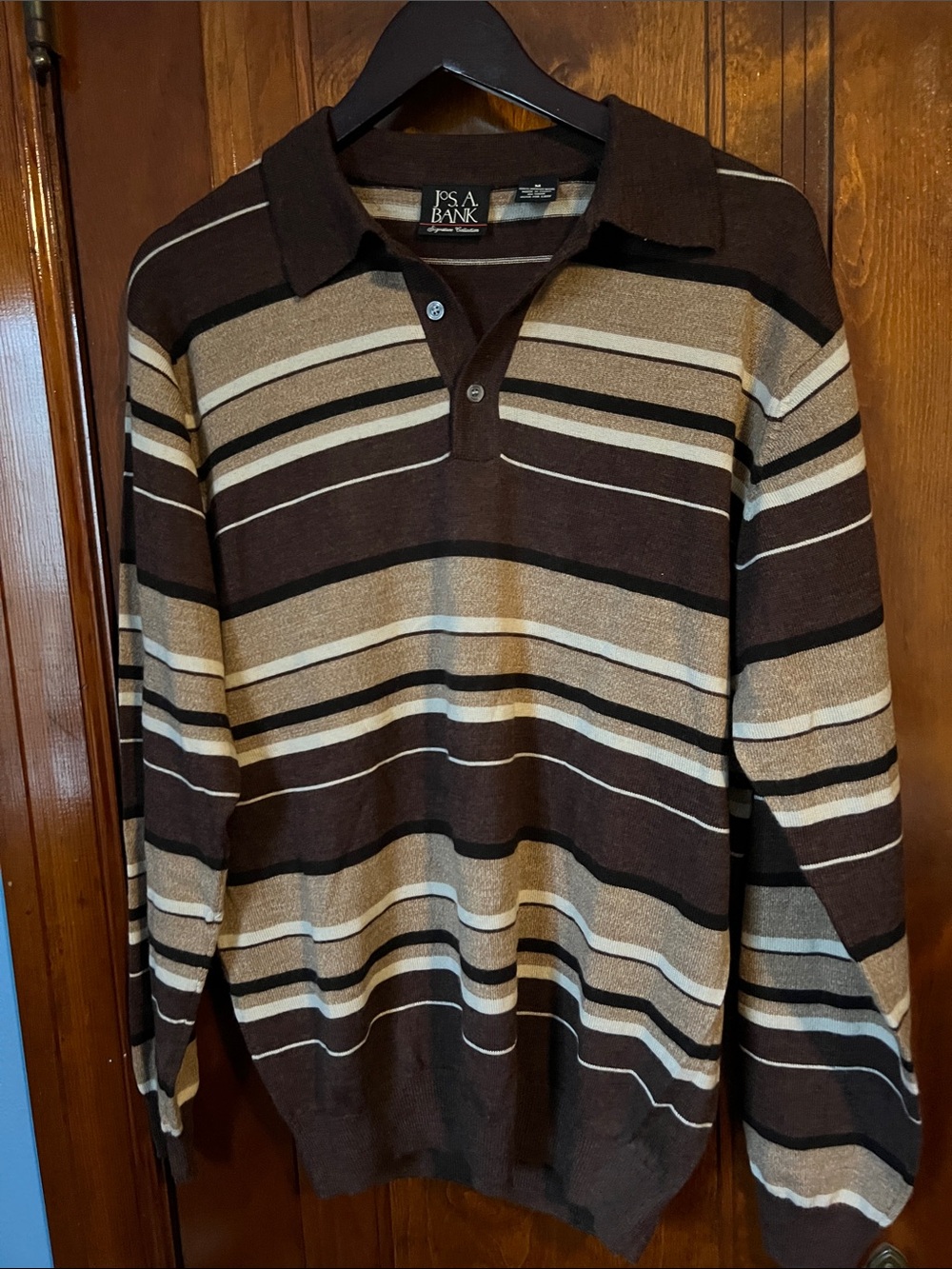 Jos. A. Bank Brown, Tan & Cream Striped Long-Sleeve Polo Sweater